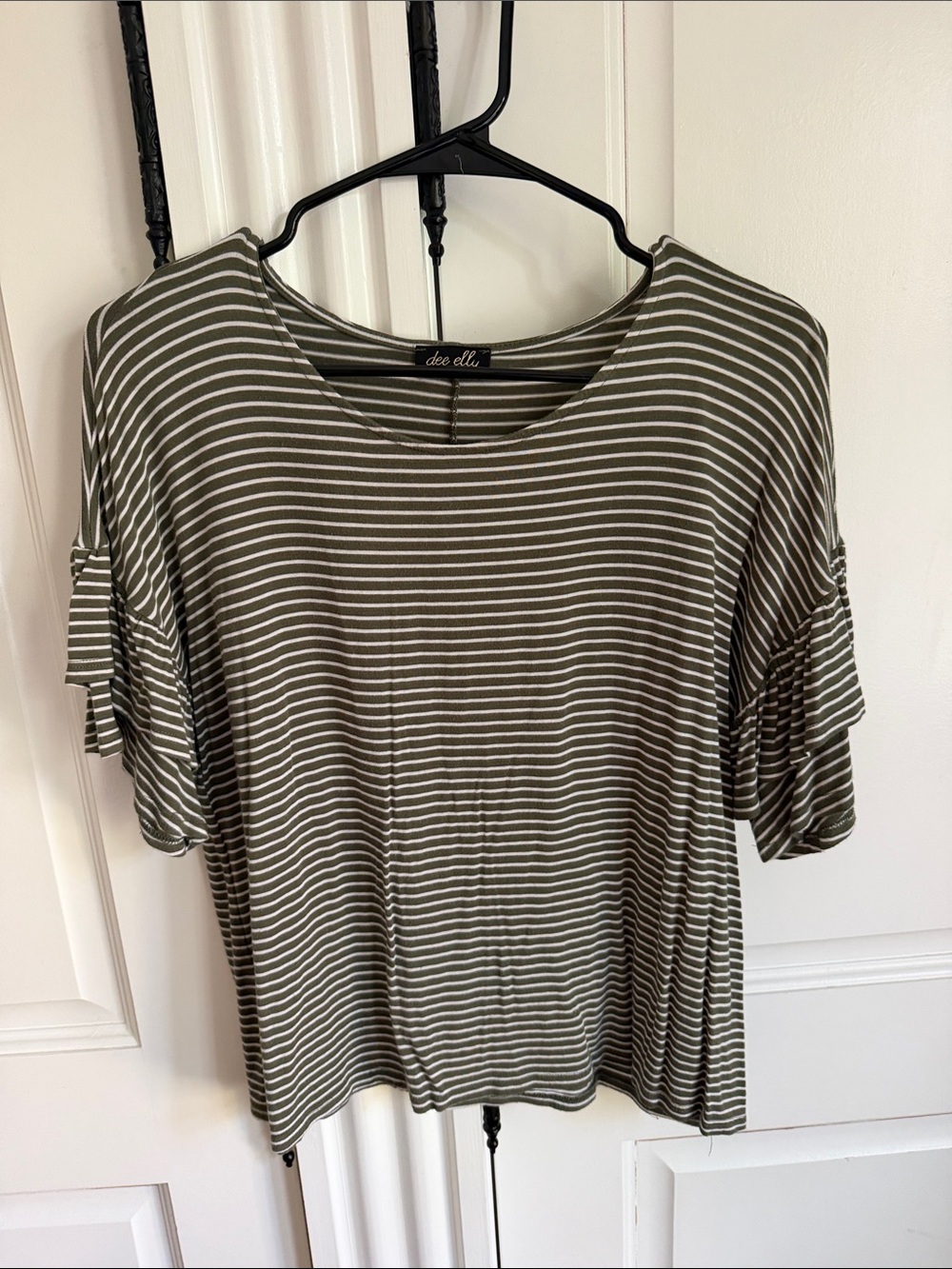 dee elle Olive & White Striped Ruffle Sleeve Tee
